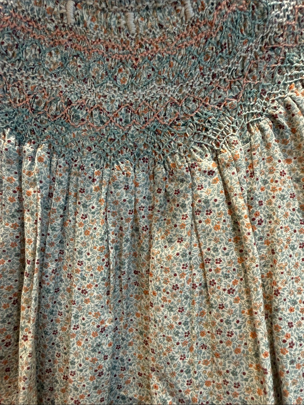 Doen Floral Smocked High-Neck Blouse in Cream with Pink & Blue Speckle - Picture 3 of 5
